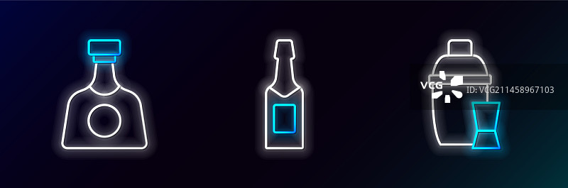 鸡尾酒调酒器和龙舌兰酒瓶线条组合图片素材