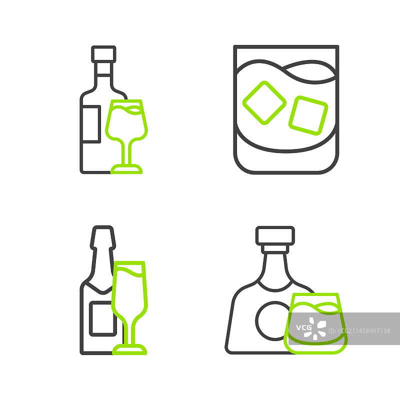 威士忌酒瓶和香槟酒杯线条组合图片素材