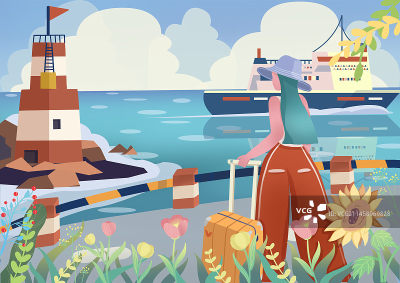 海边出游扁平风格唯美插画图片素材