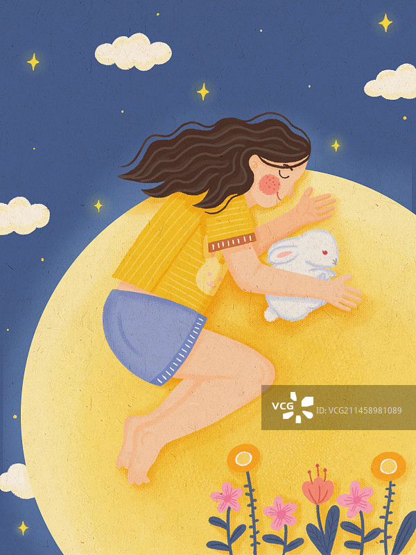 兔子和卷发女孩一起睡觉晚安插画图片素材