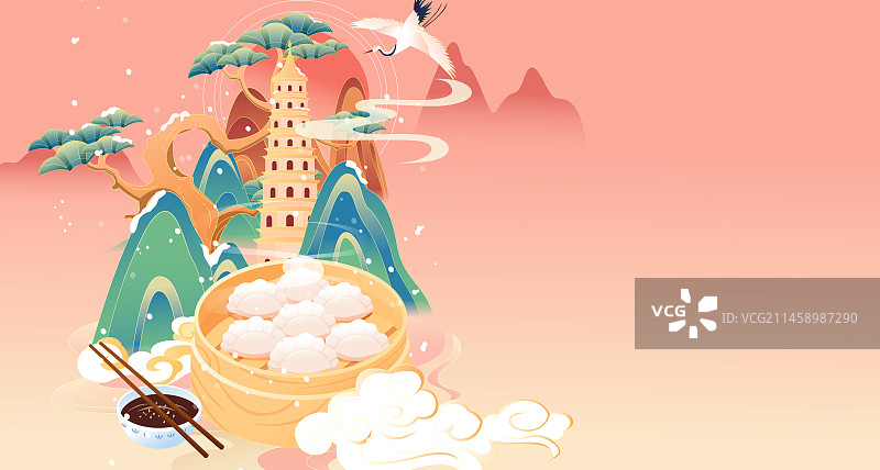 国风节气冬至南宁龙象塔矢量插画海报图片素材