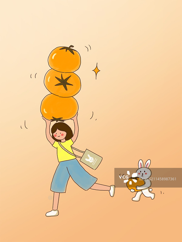 举着柿子的女孩和兔子手绘卡通扁平插画 背景素材图片素材