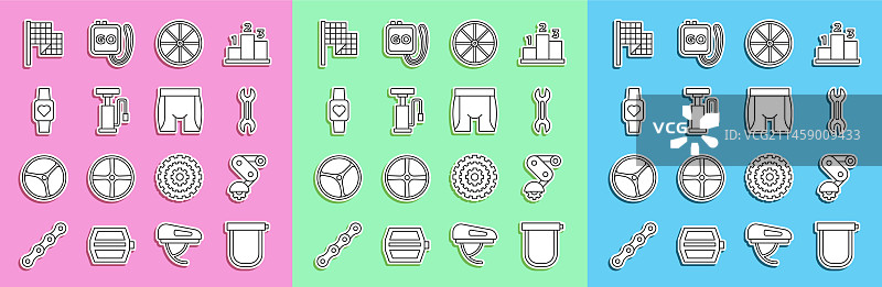 自行车锁、变速器和自行车尾灯线条图标图片素材