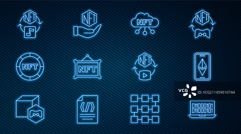 二进制代码、以太坊ETH、NFT和云生产线图片素材