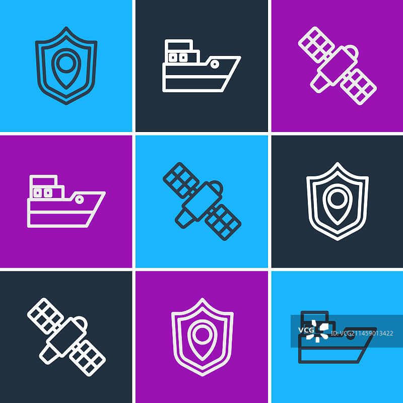 线条位置盾牌、卫星和船舶线条设置图片素材