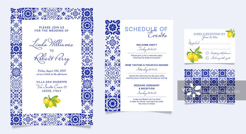 蓝色瓷砖婚礼请柬新娘送礼会图片素材