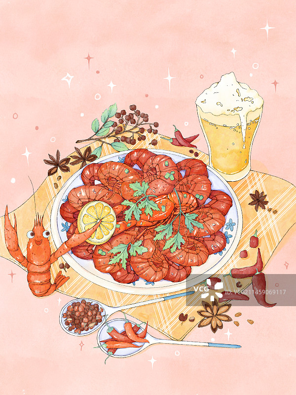 中华美食小龙虾手绘插画图片素材