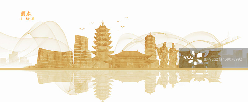 金色丽水城市建筑插画背景图片素材
