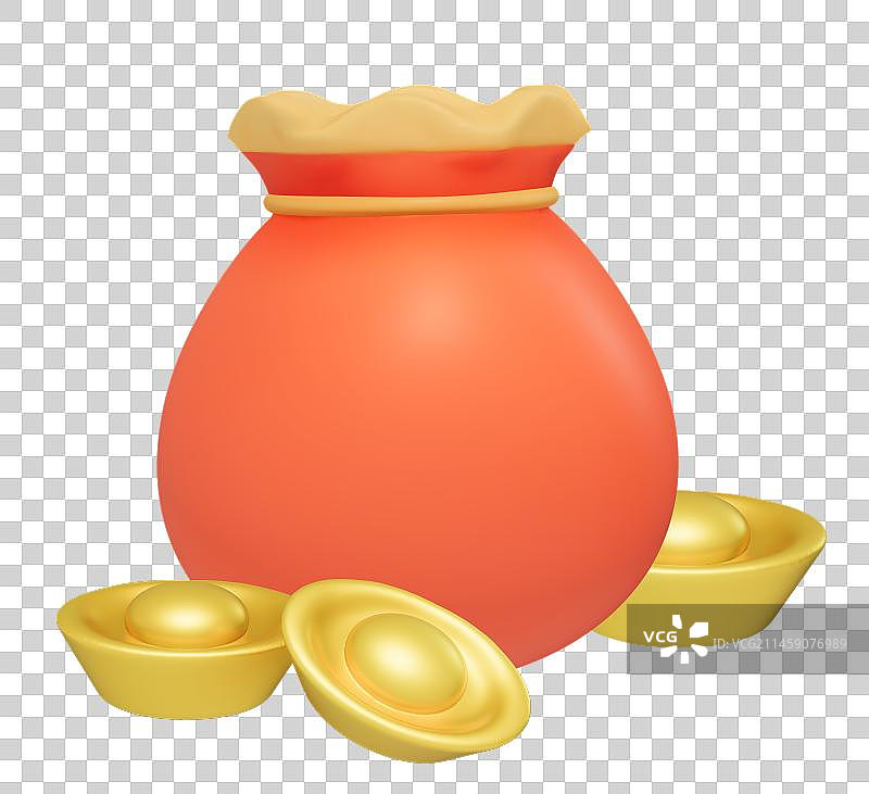 红色的钱袋和金元宝3D插画元素图片素材