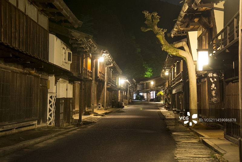 日本妻笼宿夜景：长野县木曾郡南木曾町图片素材