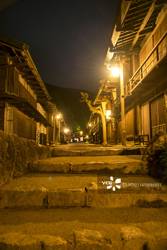 日本妻笼宿夜景：长野县木曾郡南木曾町图片素材