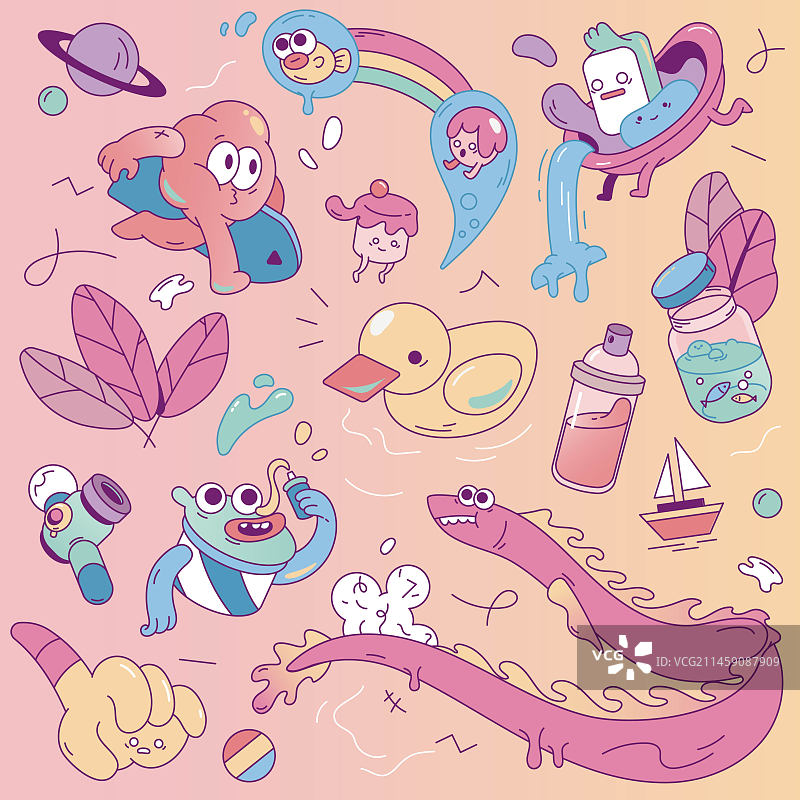 可爱潮流浴室泡泡浴洗发水沐浴露卡通美式doodle涂鸦风格矢量插画元素图片素材