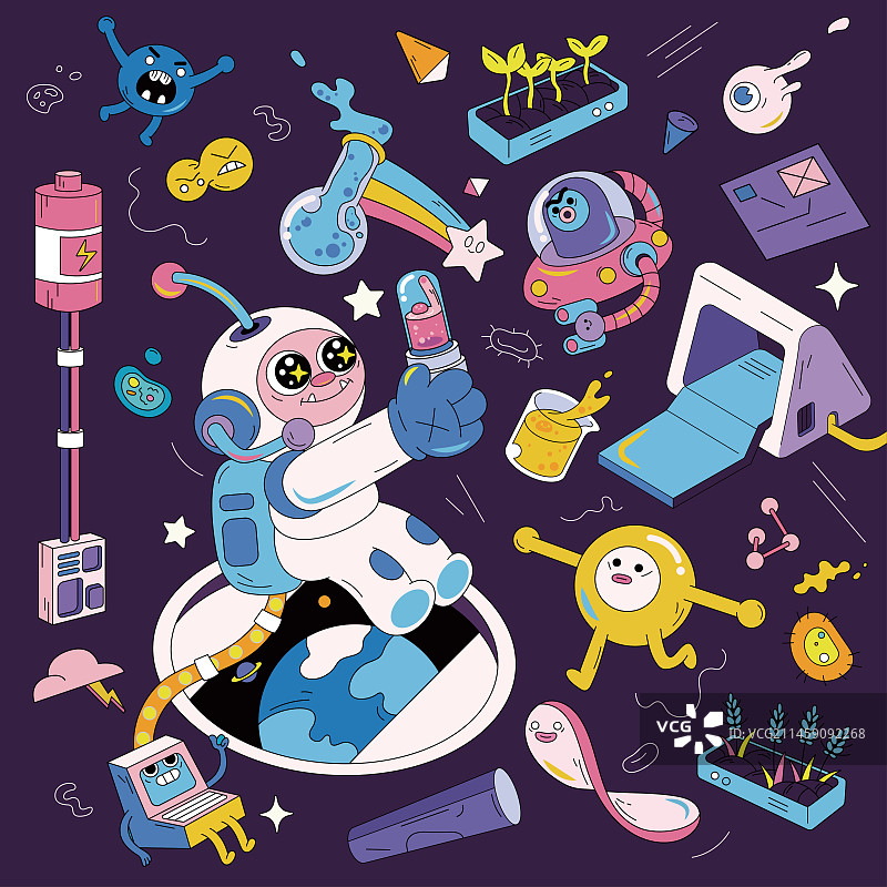 宇宙微生物科学实验室科学家试管飞船细菌病毒植物可爱doodle风扁平矢量插画元素图片素材
