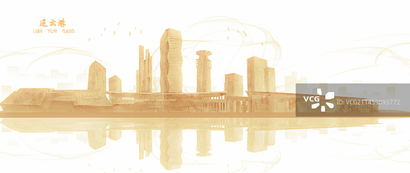 金色连云港城市建筑插画背景图片素材
