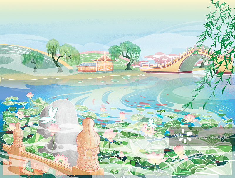 手绘国风国潮荷花荷塘荷叶图片素材