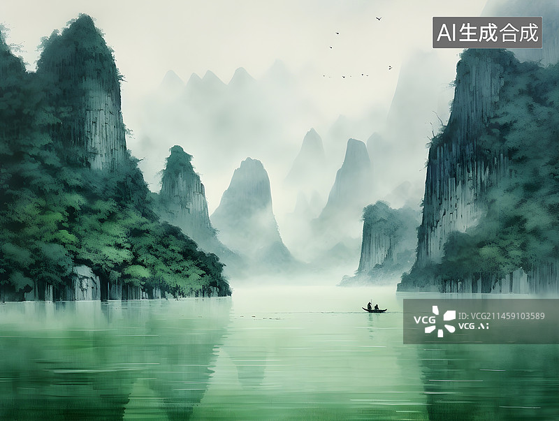 【AI数字艺术】中国风绿水青山插画图片素材