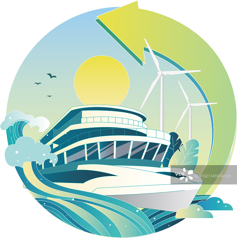 绿色新能源可循环环保低碳轮船风力发电矢量插画图片素材