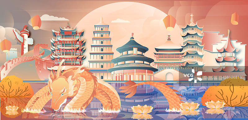 龙年金龙出水全国古代建筑竖版矢量插画图片素材