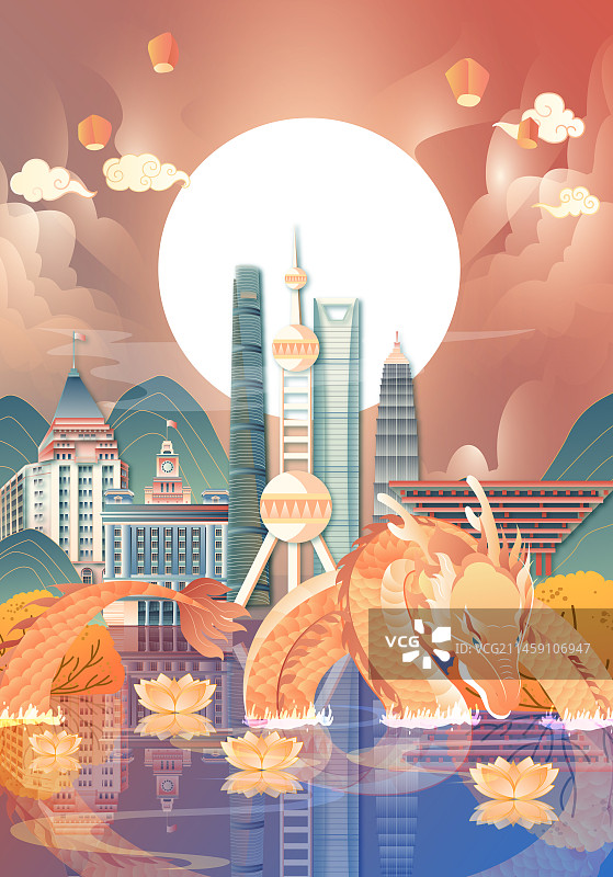 龙年金龙出水上海建筑竖版矢量插画图片素材