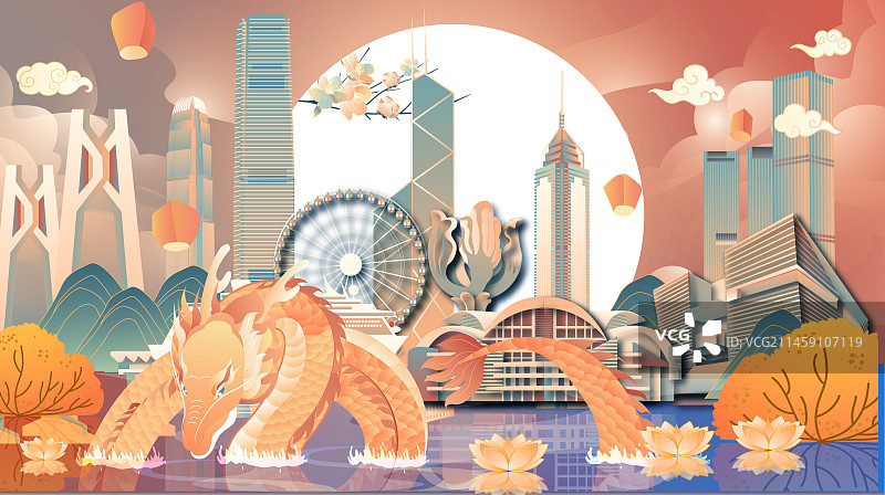 龙年金龙出水香港建筑竖版矢量插画图片素材