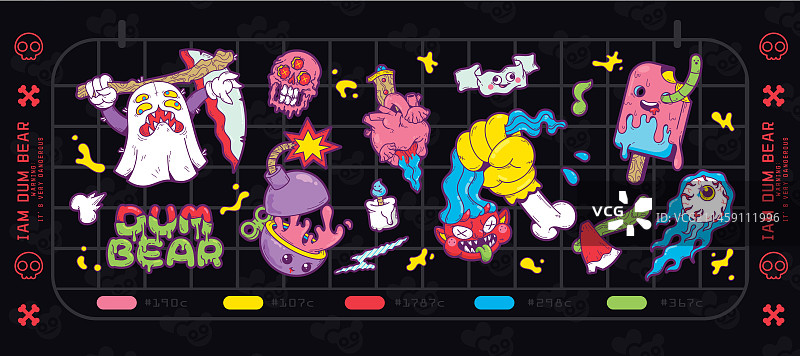 万圣节节日搞怪潮流矢量扁平插画幽灵炸弹冰激凌毛毛虫心脏剑柄眼睛小怪兽横版排版图片素材