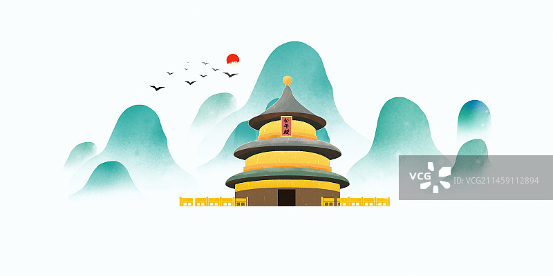国潮风春节 中国国庆节 建军节 北京祈年殿城市地标建筑插画图片素材