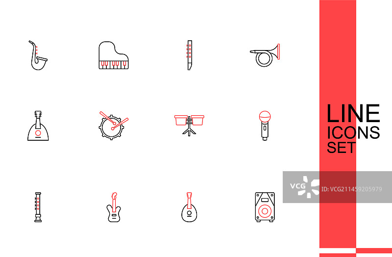 线条图标：立体声扬声器、曼陀林、电贝斯图片素材