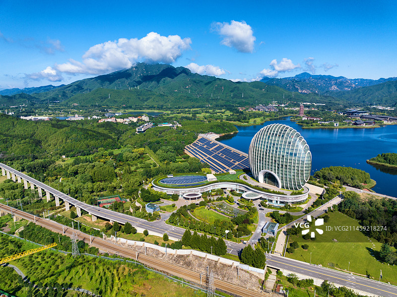 北京怀柔雁栖湖风光美景地标航拍图片素材