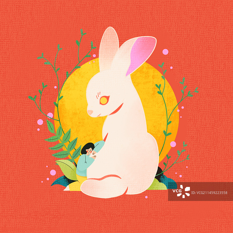 中秋节文化秋天传统节日月兔花植物叶子二十四节气中国文化满月月饼兔子庆祝节日可爱女孩扁平插画插图图片素材