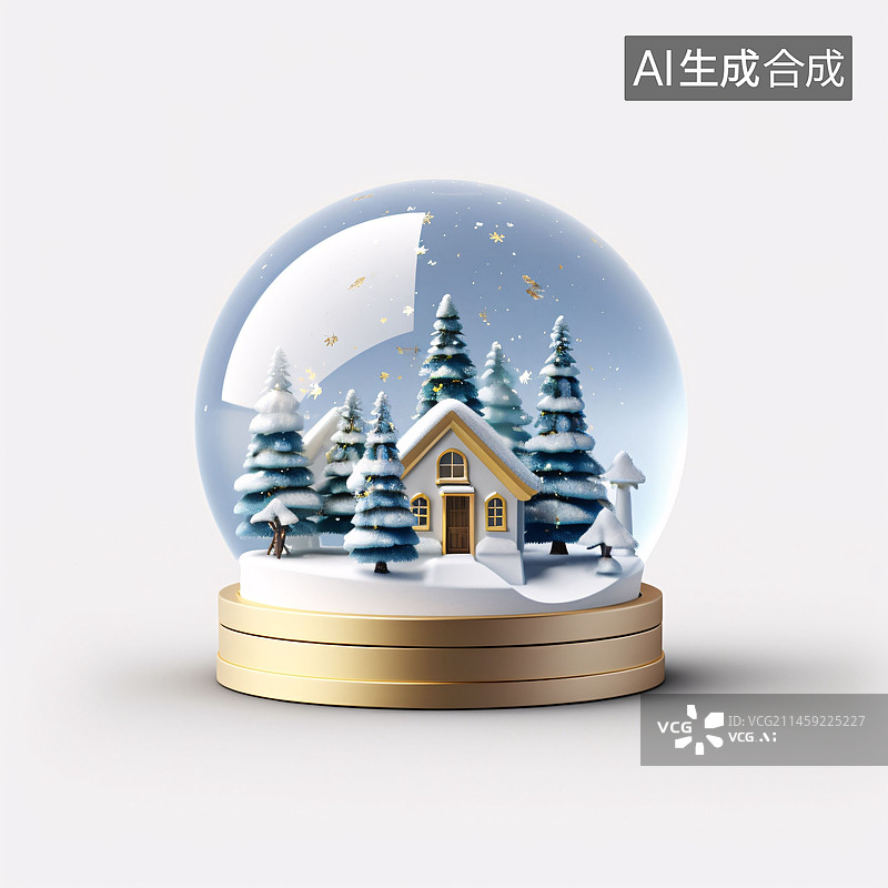【AI数字艺术】冬季，圣诞节水晶球里放着可爱的小房子和松树。冬天通用插画元素图片素材