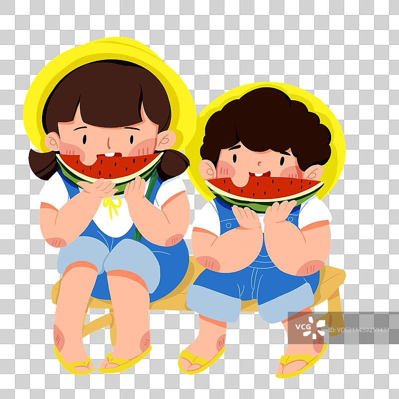 男孩和女孩坐在一起吃西瓜图片素材