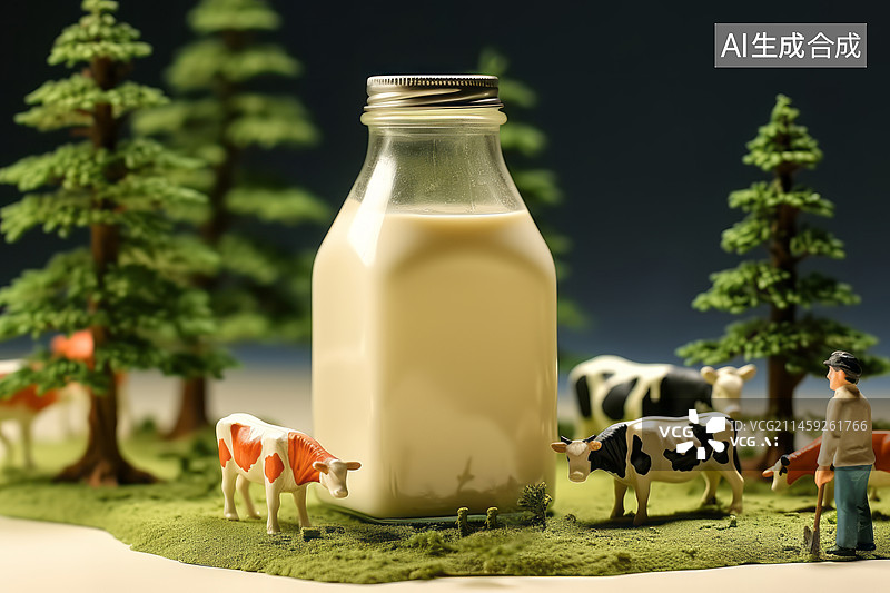 【AI数字艺术】牛奶瓶奶牛微缩景观图片素材