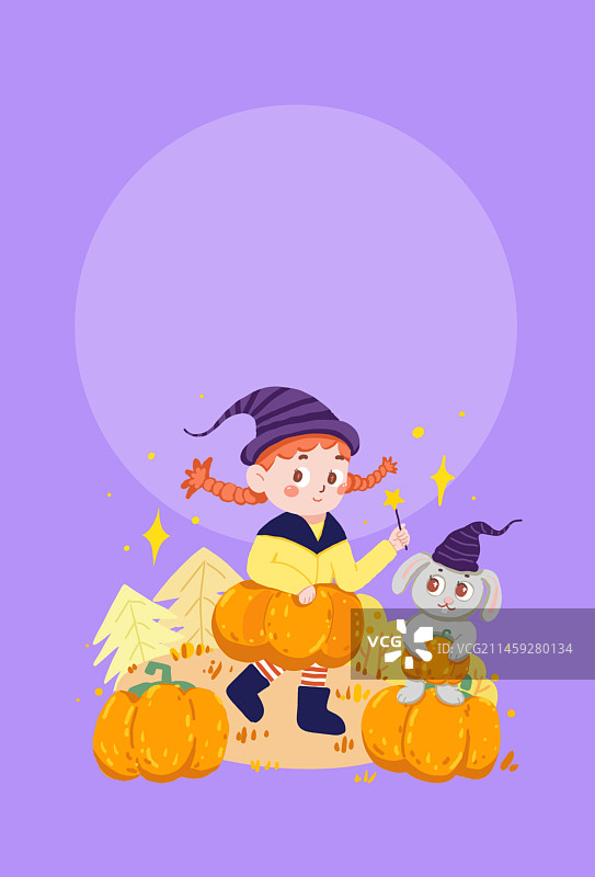 扁平风万圣节可爱卡通插画 女孩 南瓜 兔子 背景素材 海报图片素材