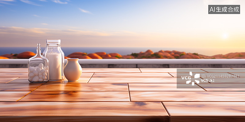 【AI数字艺术】产品效果图背景，写实的木板桌子，虚化的背景图片素材