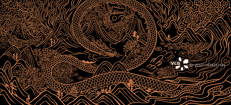 中国风黑金千里江山龙传承传统文化凤荷花插画，龙年，新年春节龙抬头金融汽车行业房地产高端龙山水庆典宣传图片素材
