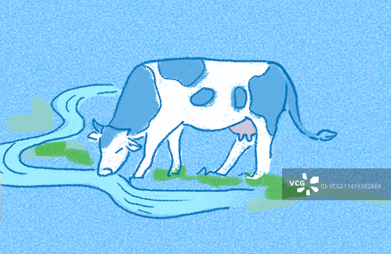 奶牛喝水手绘插画图片素材