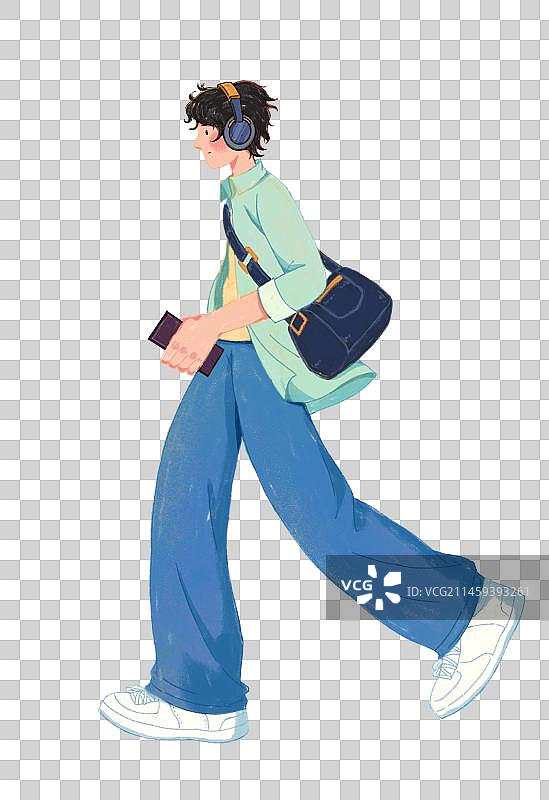citywalk城市漫步系列人物插画 戴耳机走路的男生图片素材