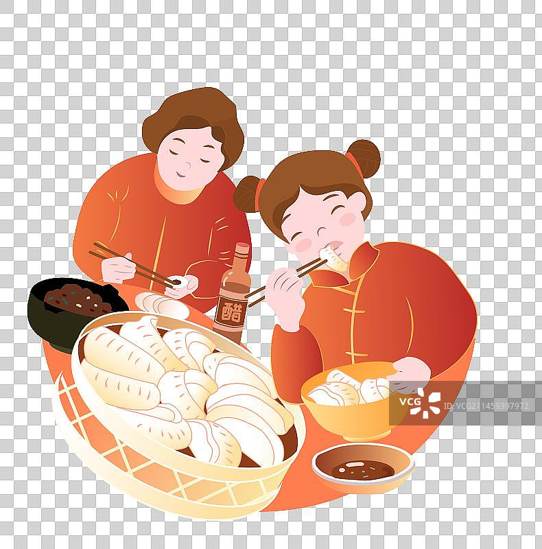 春节新年包饺子吃饺子的母女免抠人物元素图片素材