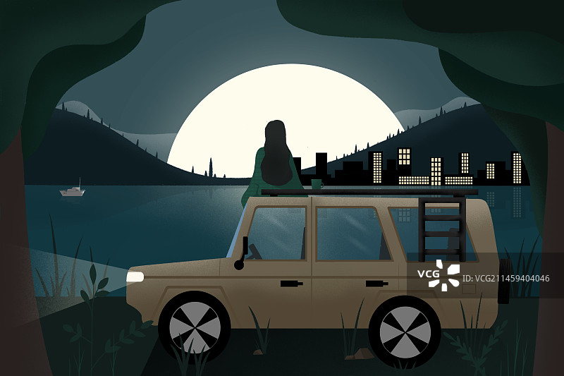 一位女孩在吉普车车顶观月图片素材