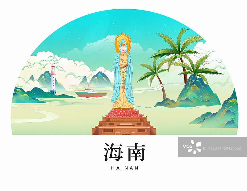 海南三亚城市天际线建筑地标插画  三亚情人湾灯塔 观音像插画 国潮风城市地标建筑插画图片素材