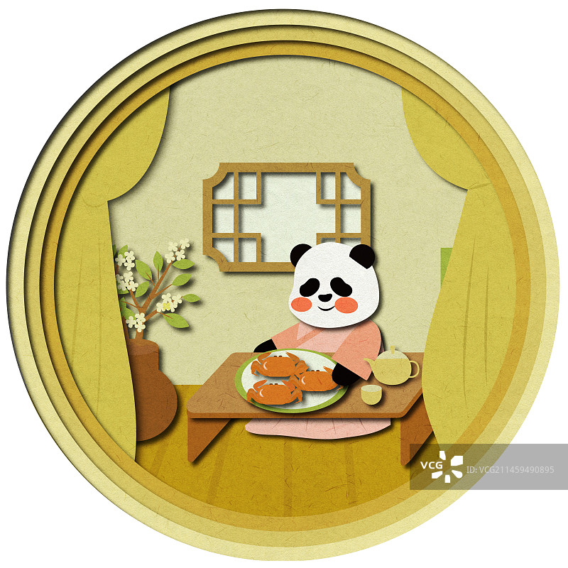 秋天白露节气熊猫吃螃蟹喝茶贴秋膘图片素材