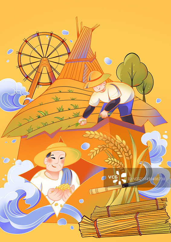 农民种植收割农作物用水灌溉耕种插画图片素材
