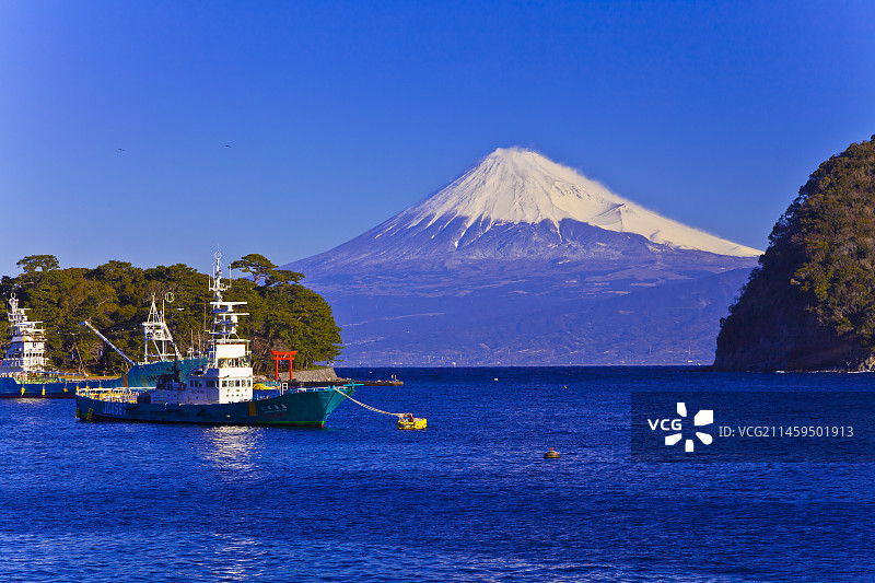 从西伊豆户田港眺望富士山，日本静冈县沼津市图片素材
