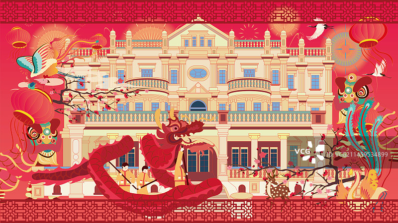 国风地标系列—国潮风春节国庆节沈阳张氏帅府矢量插画图片素材