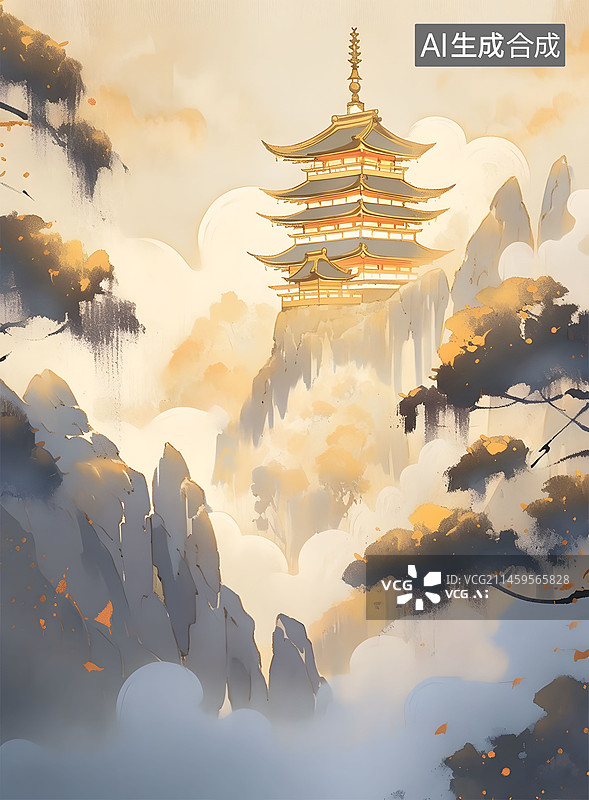 【AI数字艺术】新中式山水画云中阁楼图片素材