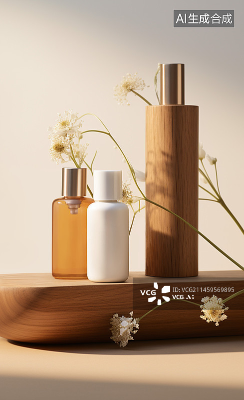 【AI数字艺术】香水沐浴露瓶子容器室内光线样机木色木板花朵图片素材
