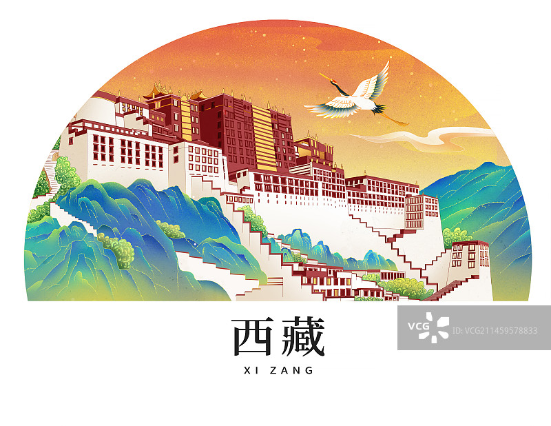 国潮风中国风西藏风景布达拉宫插画 国潮风城市地标建筑插画图片素材
