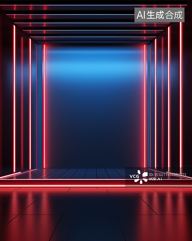 【AI数字艺术】科技红蓝色灯光三维电商空间图片素材