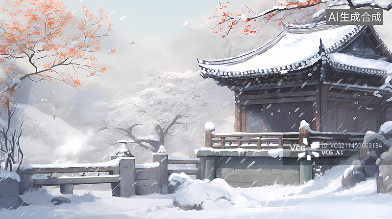 【AI数字艺术】冬日的古风建筑和小鸟图片素材