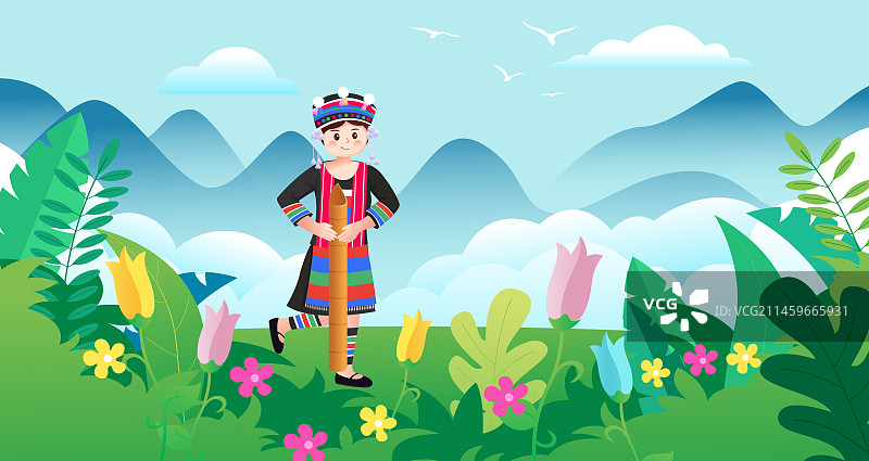 中华传统56个民族少数民族哈尼族人物矢量插画海报图片素材